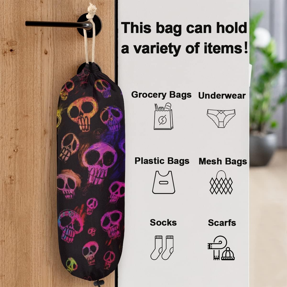 Skulls – Soporte para bolsas de plástico para Halloween, lindo organizador de bolsas de plástico para montaje en pared, reutilizable, grande,