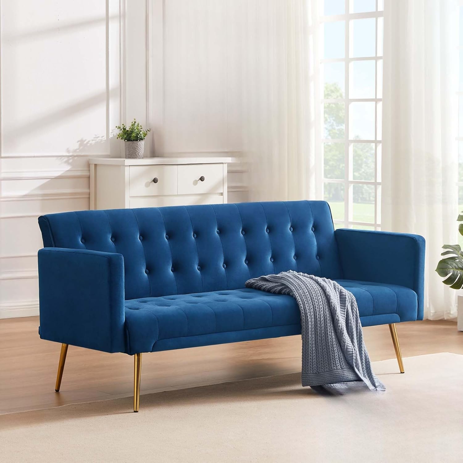 Mdhitsox Moderno sofá cama futón de terciopelo, sofá cama convertible con patas de metal, respaldo ajustable tapizado, asiento reclinable copetudo