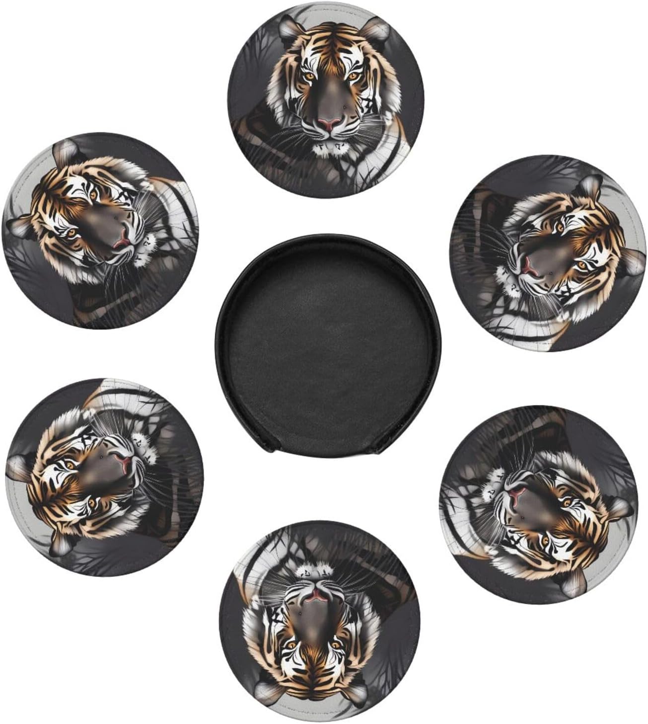 Juego de 6 posavasos de cuero con soporte, diseño de tigre en reposo, para bebidas, con aislamiento, posavasos redondos para decoración de mesa