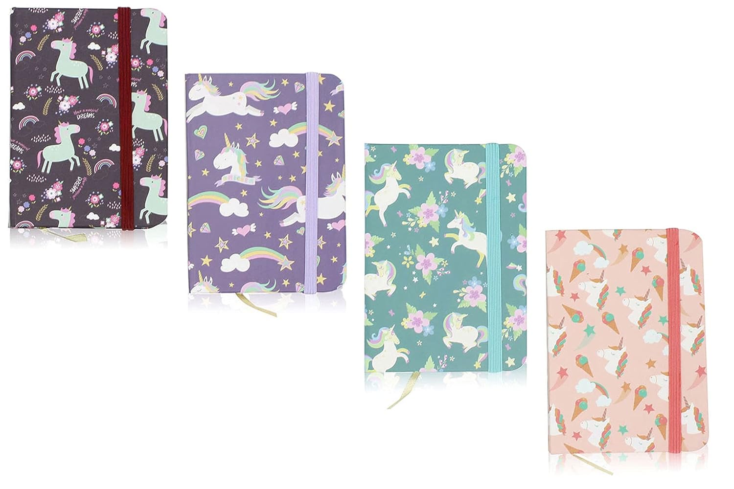 4 cuadernos de unicornio de 3 x 4 pulgadas, mini diario de bolsillo interior, bloc de notas de escritura lindo con cierre elástico a rayas para