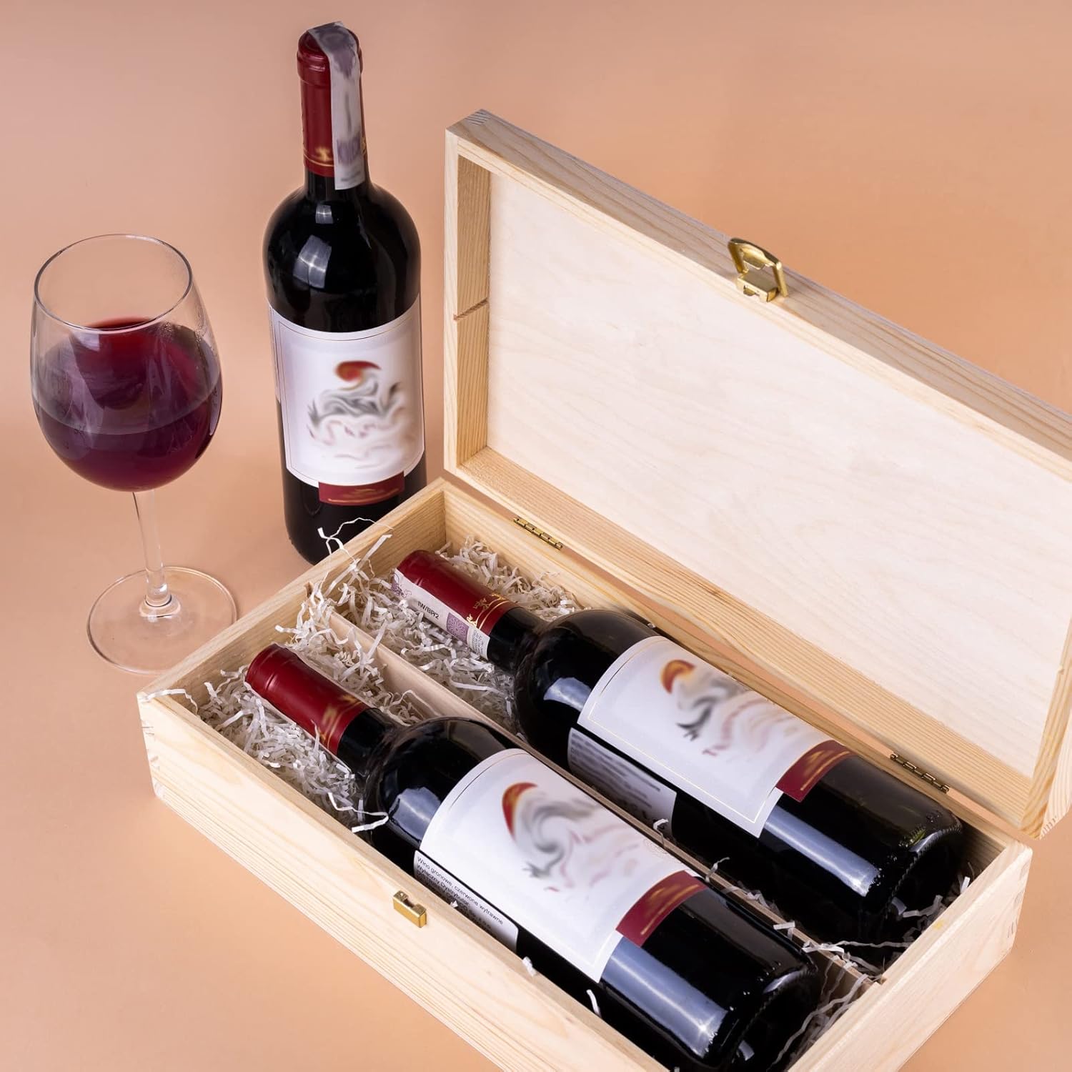 Caja de madera de vino sin pintar para almacenamiento de regalo, 2 botellas, 13.77 x 7.87 x 3.93 pulgadas, soporte de madera natural, caja de lujo