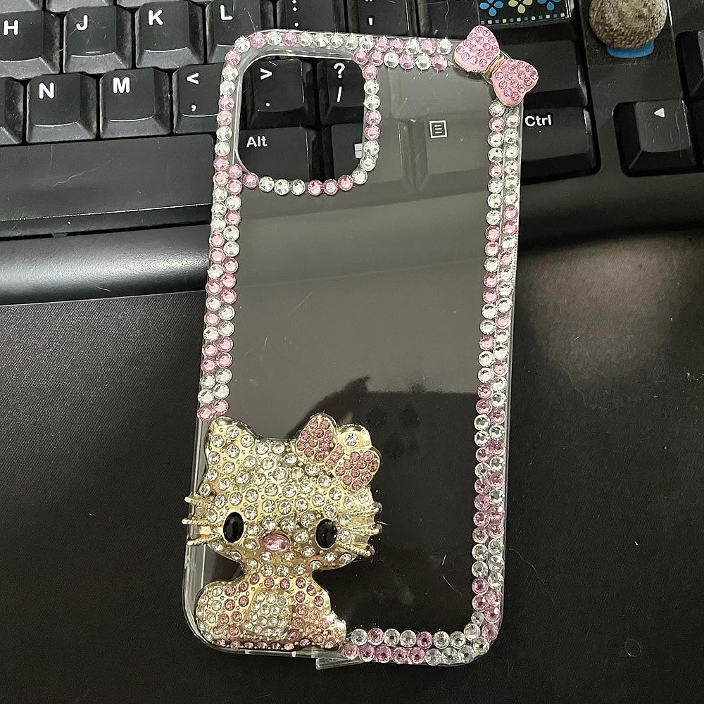 Victor – Funda de silicona para mujer con diamantes de imitación brillantes para iPhone 14, 13, 12, 11, Hello KT, carcasa de silicona (iPhone 12