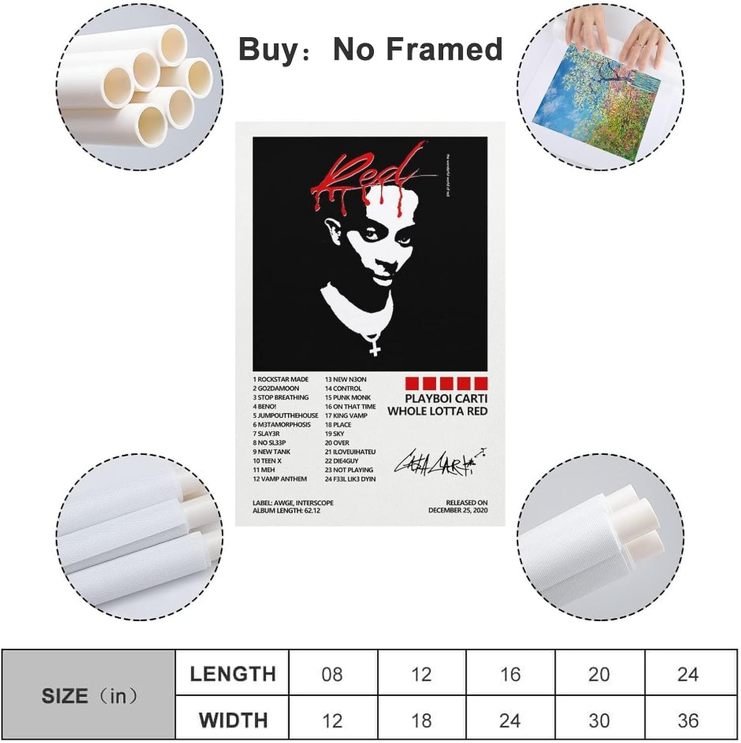 SUANYE Póster de Playboi Carti Whole Lotta Red para dormitorio, pintura decorativa estética, arte de pared, 16 x 24 pulgadas (15.7 x 23.6 in)