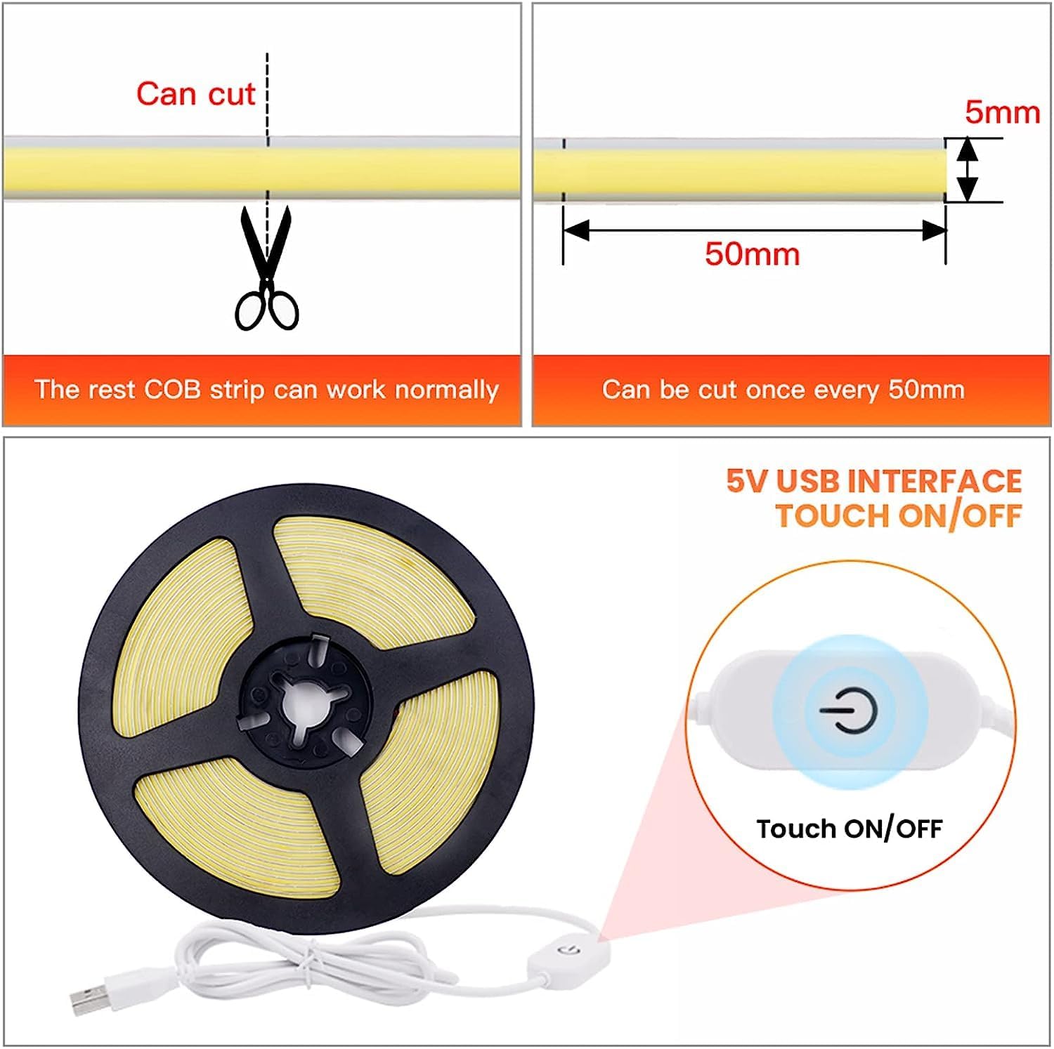 HEGEHE Tira de luces LED COB regulables, 1m3.28ft DC5V 320LEDsm, no impermeable, flexible, cinta de luz blanca cálida con atenuación táctil USB para