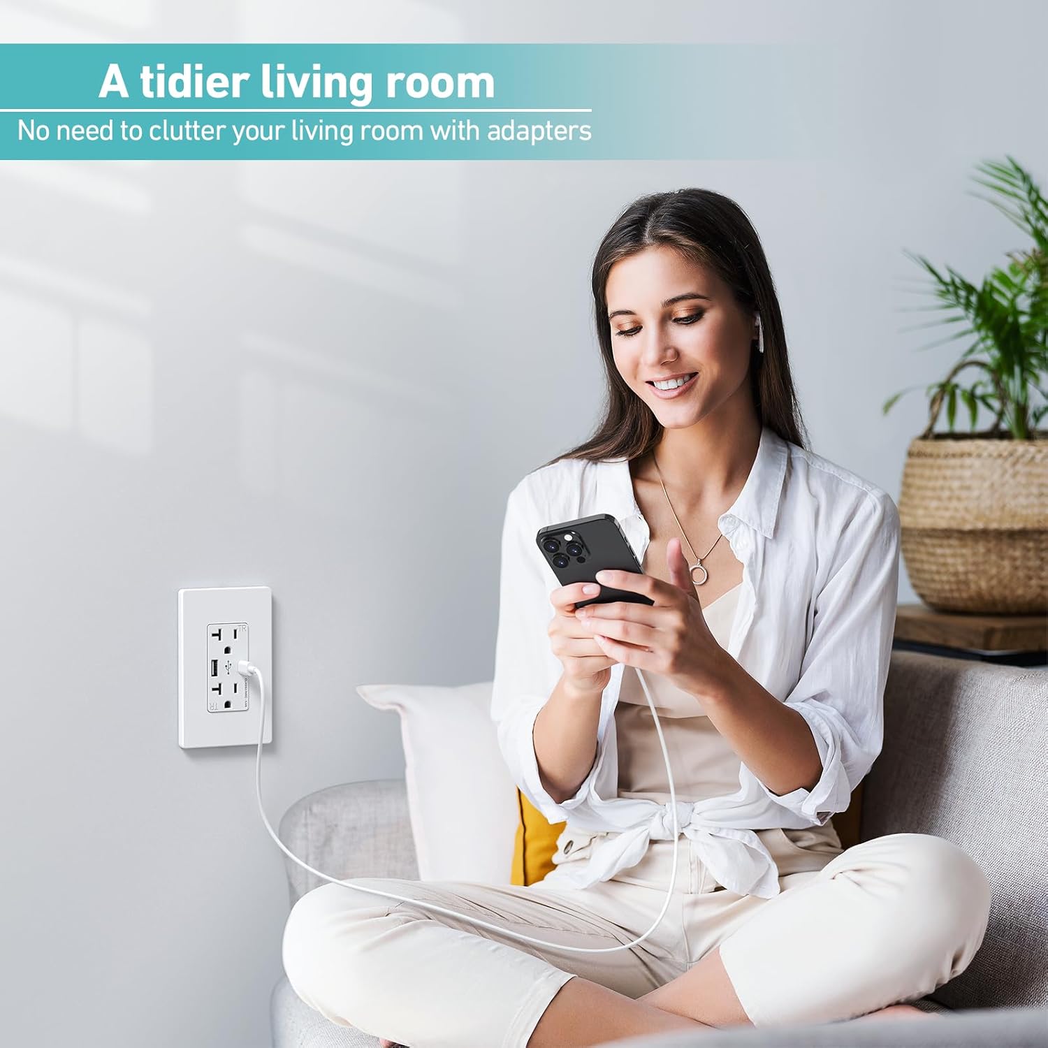 WEBANG Toma de corriente USB de pared, toma de cargador con puertos USB tipo A y tipo C de 5.0 amperios, receptáculo dúplex resistente a