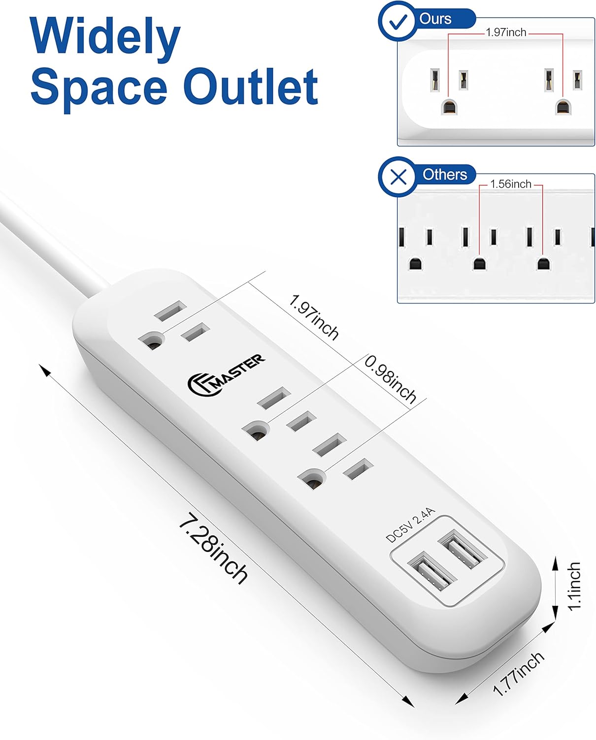 Tira de alimentación USB con protector de sobretensiones, cable de extensión largo de 6 pies, 3 tomas, 2 puertos USB (2.4A12W), protección contra