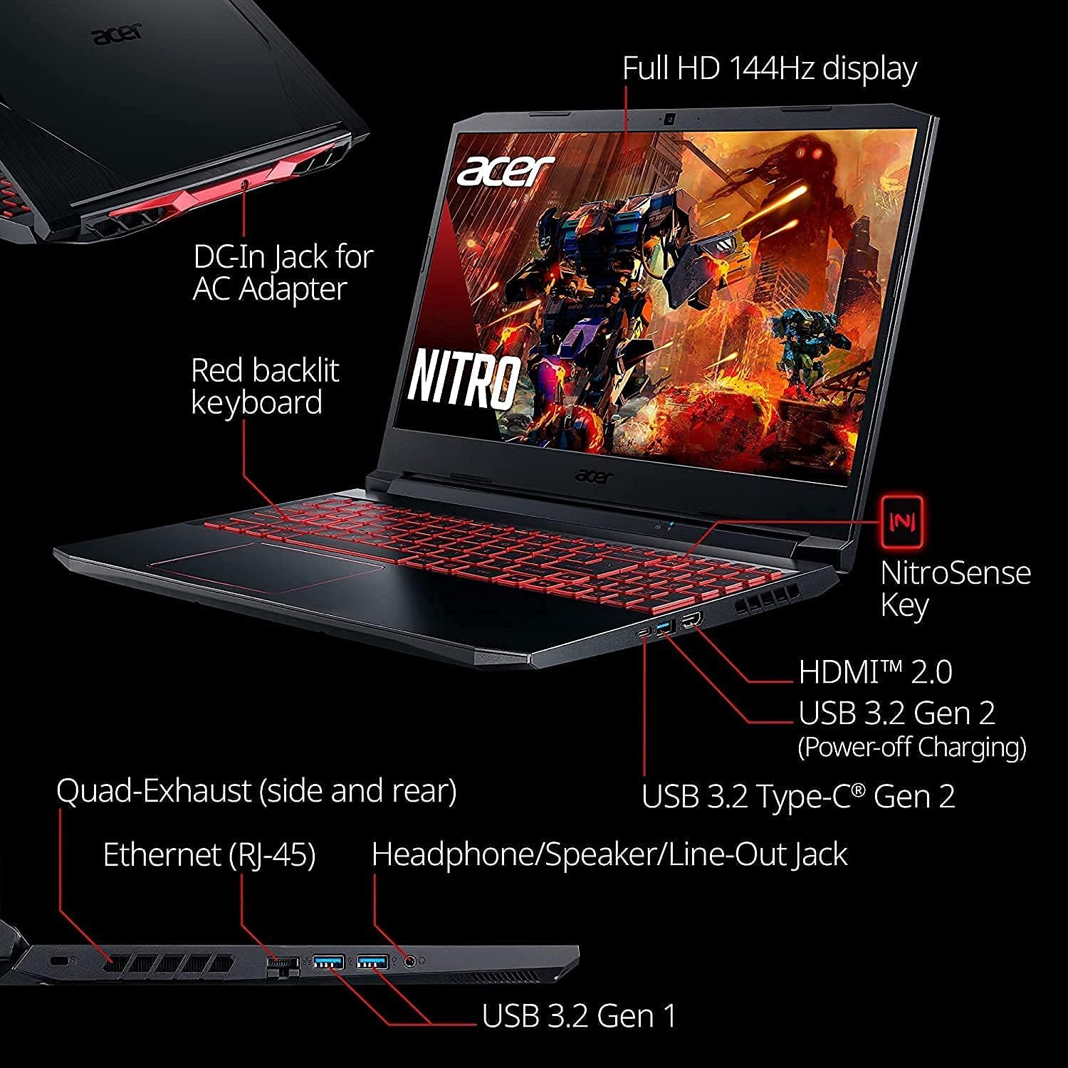 Acer Nitro 5 Laptop para juegos  Pantalla IPS FHD de 15.6 pulgadas de 144 Hz  Intel Core i5-10300H  NVIDIA GeForce RTX 3050  DDR4 de 8 GB  SSD NVMe