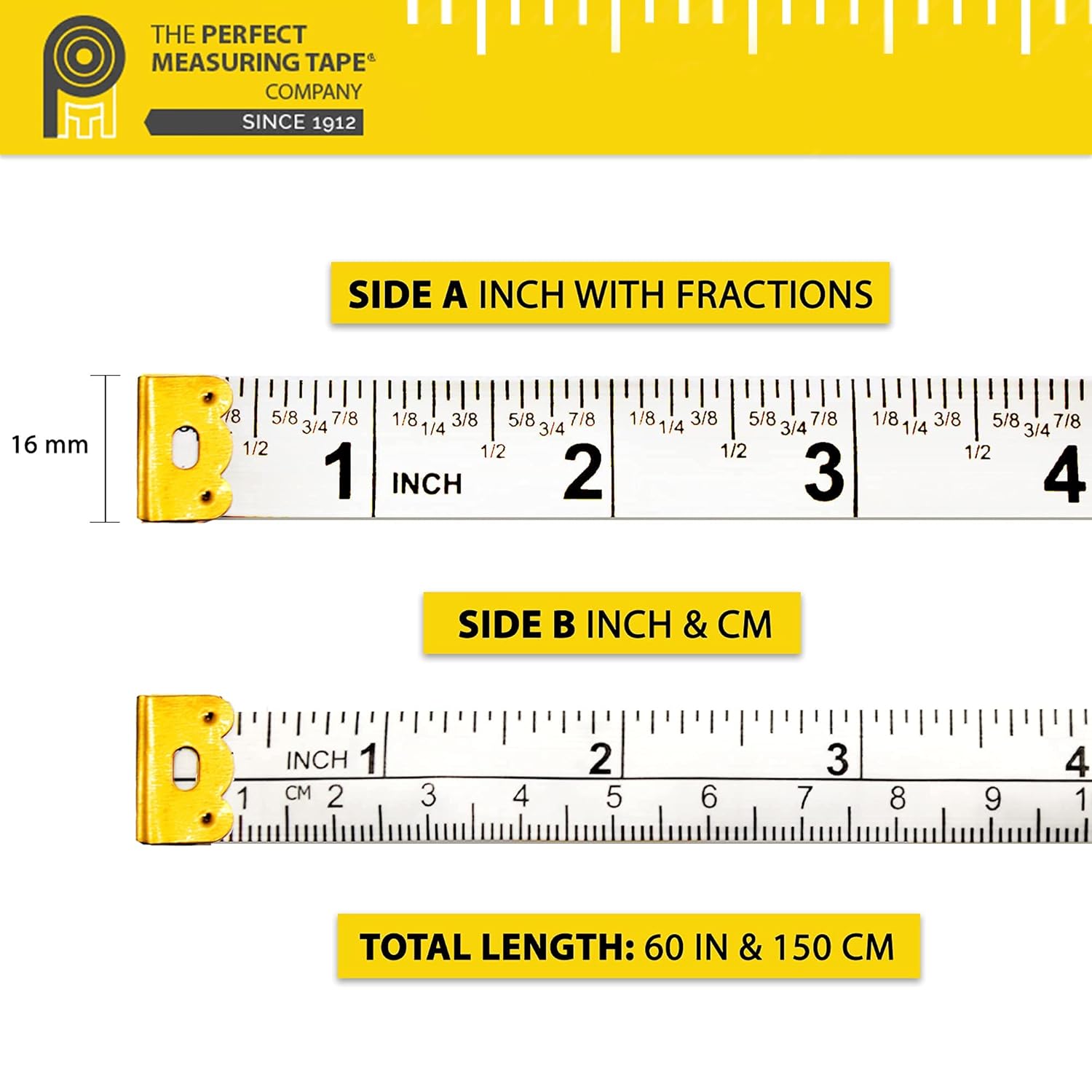 Perfect Measuring Tape Cinta métrica fraccionaria de doble cara de 60 pulgadas y milímetrocentímetro TR-16-frac (60 pulgadas blanca)