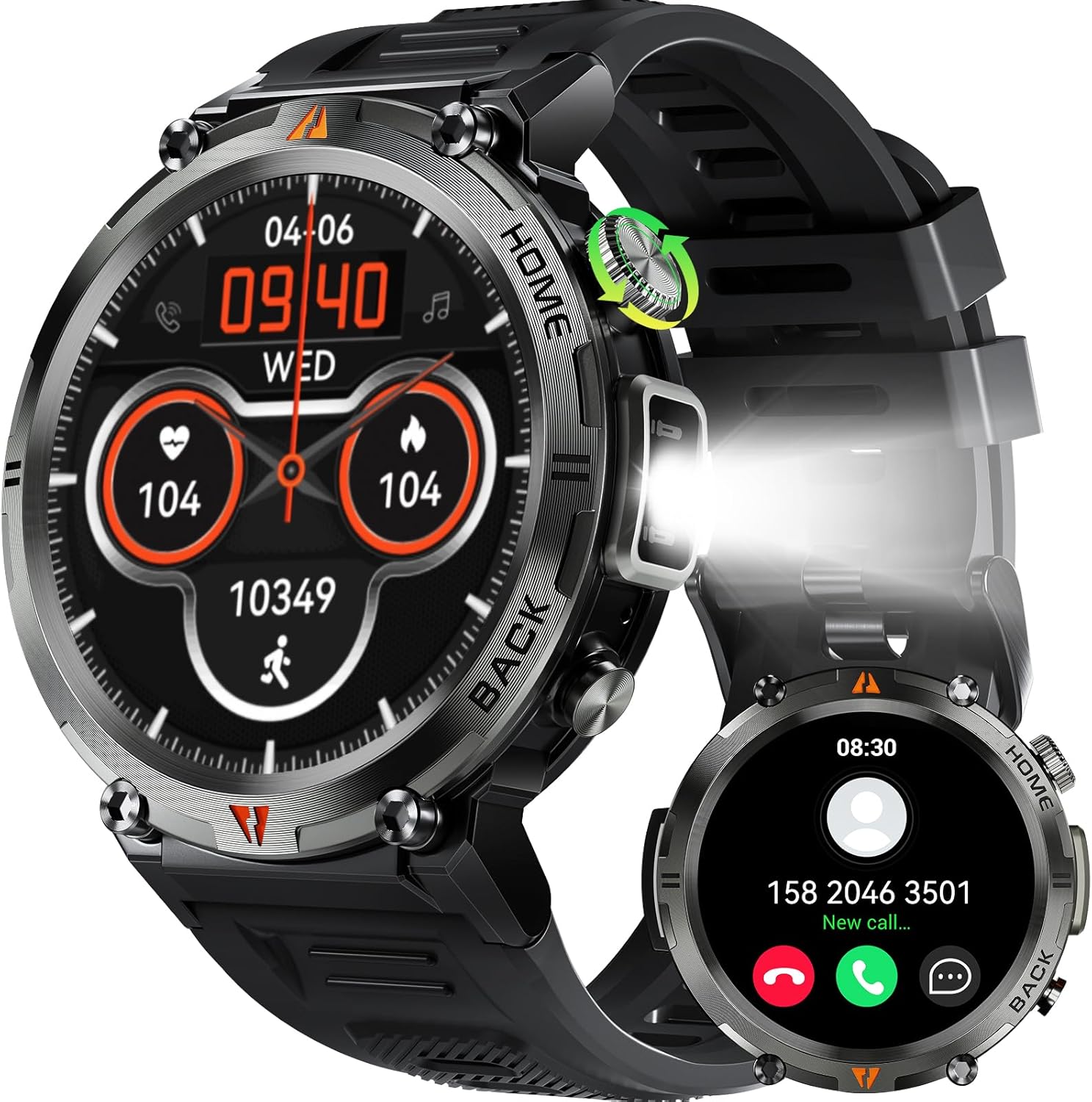 Relojes inteligentes militares para hombres con linterna LED, reloj inteligente táctico resistente al aire libre con pantalla táctil HD de 1.45