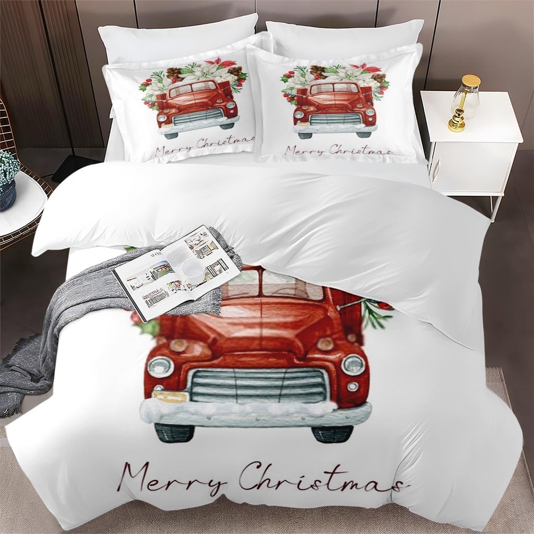 Juego de funda de edredón, juego de ropa de cama de flores rojas de Navidad para niños y adultos, decoración de dormitorio de hojas de pino, juego