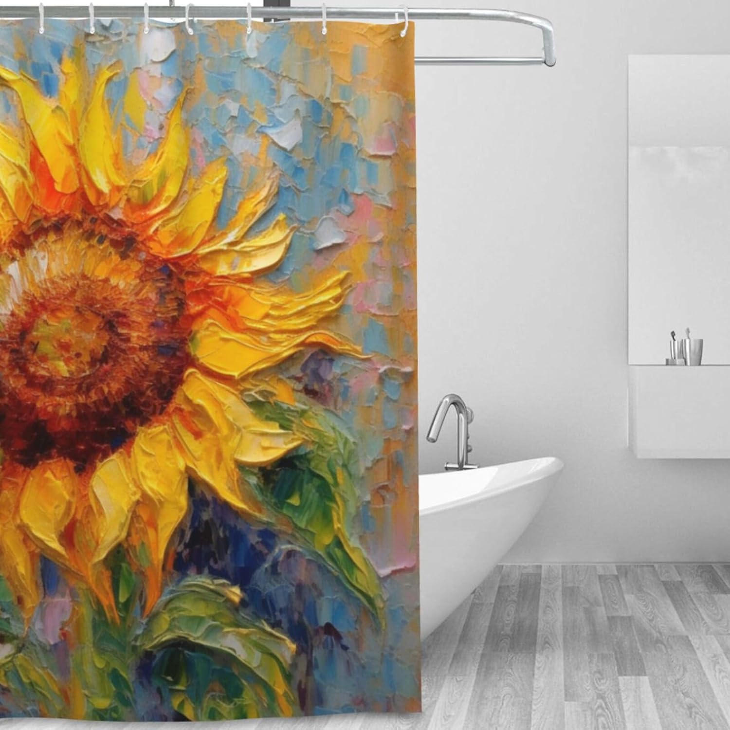 YLATY2395 – Cortina de ducha de girasol para baño, pintura al óleo, hojas verdes, flores, bohemio, tela amarilla abstracta, moderna, impermeable,