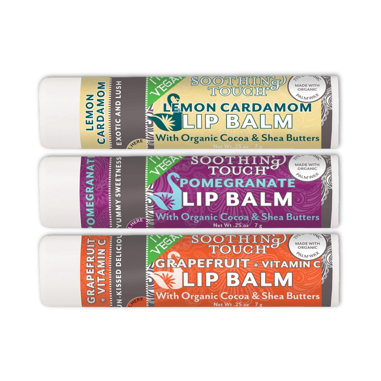 Juego de bálsamo labial vegano, paquete variado de 3 bálsamos labiales relajantes. Tamaño grande de 0.25 onzas. Incluye bolsa de muselina (3 x 4