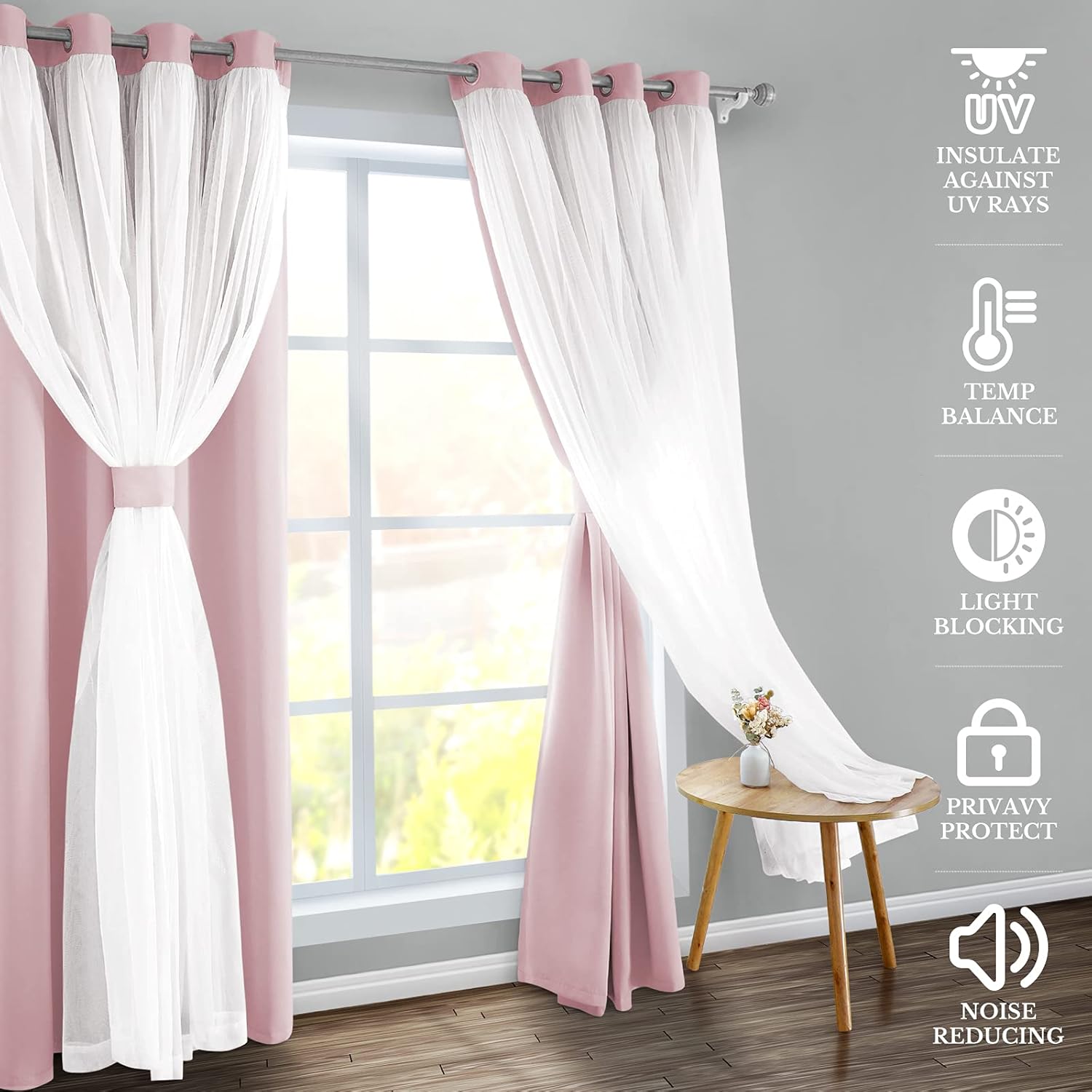 HOMEIDEAS Cortinas opacas de doble capa de color rosa de 63 pulgadas de largo, 2 paneles de cortinas para habitación de niñas y niños, cortinas