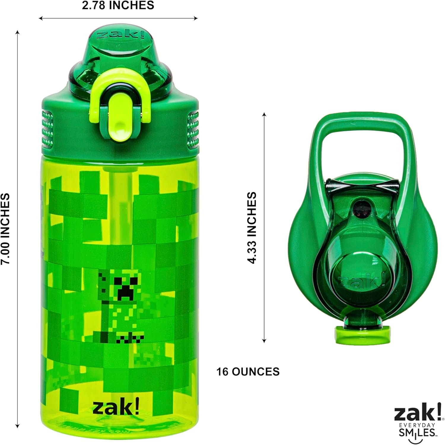 Zak Designs Sage Minecraft Botella de agua para niños, escuela o viajes, plástico duradero, 16onzas, con popote, asa, tapa, boquilla abatible, a