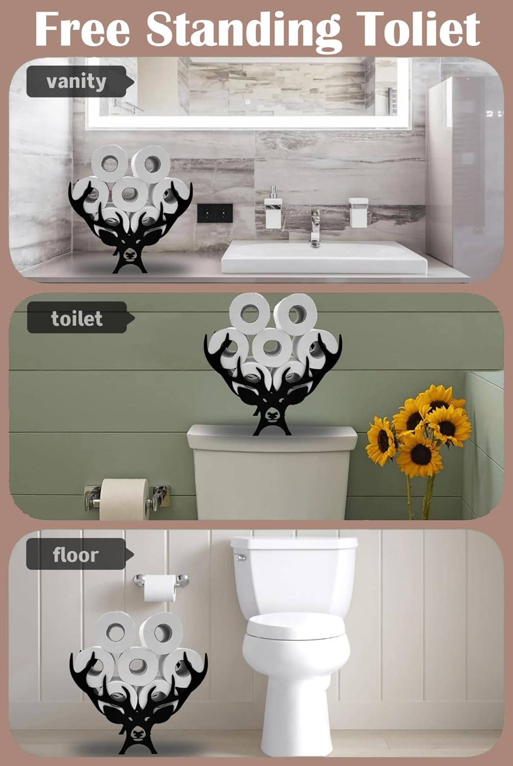 Antler – Soporte para rollo de papel higiénico de animales, soporte de metal negro para 8 rollos, estante de almacenamiento de rollos de papel,