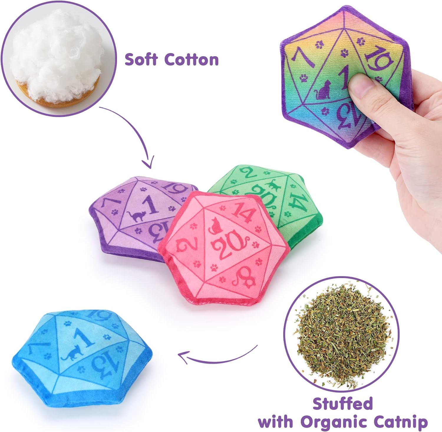 CiyvoLyeen D20 Dados juguete de hierba gatera, juguete interactivo para gatos DND para juegos de rol, juego de mesa, felpa suave, gato, dentición,