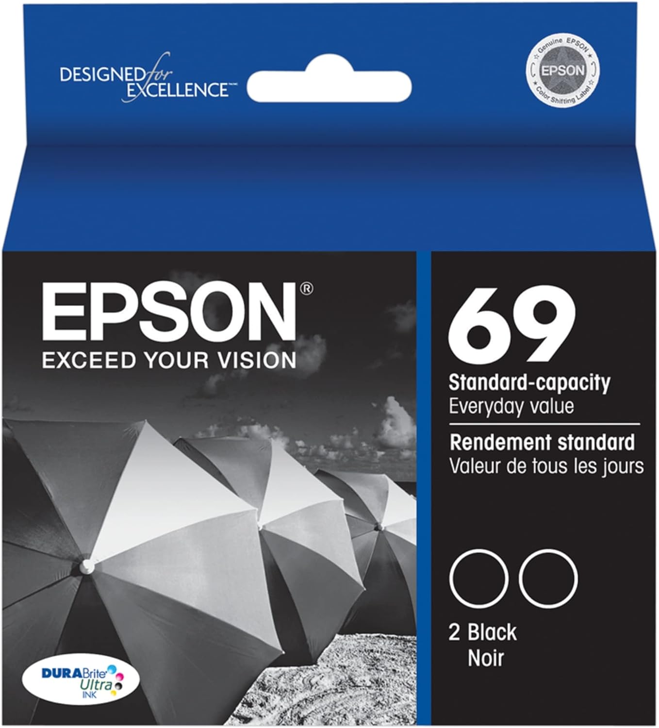 EPSON 69 DURABrite Ultra Ink Black 2-Pack For CX-6000, CX-7000F, CX-7400, CX-8400, CX-9400, CX-9475, NX-400, NX-415, NX-510, NX-515, WF-1100,