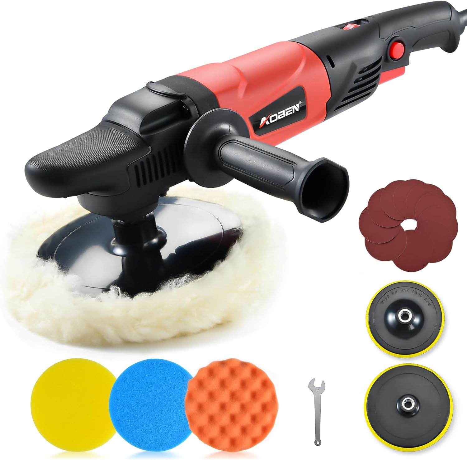 AOBEN Pulidor rotativo de búfer, 1200 W, 6 pulgadas7 pulgadas, kit de cera para pulidor de automóvil con 6 velocidades variables de 1000-3500 RPM y