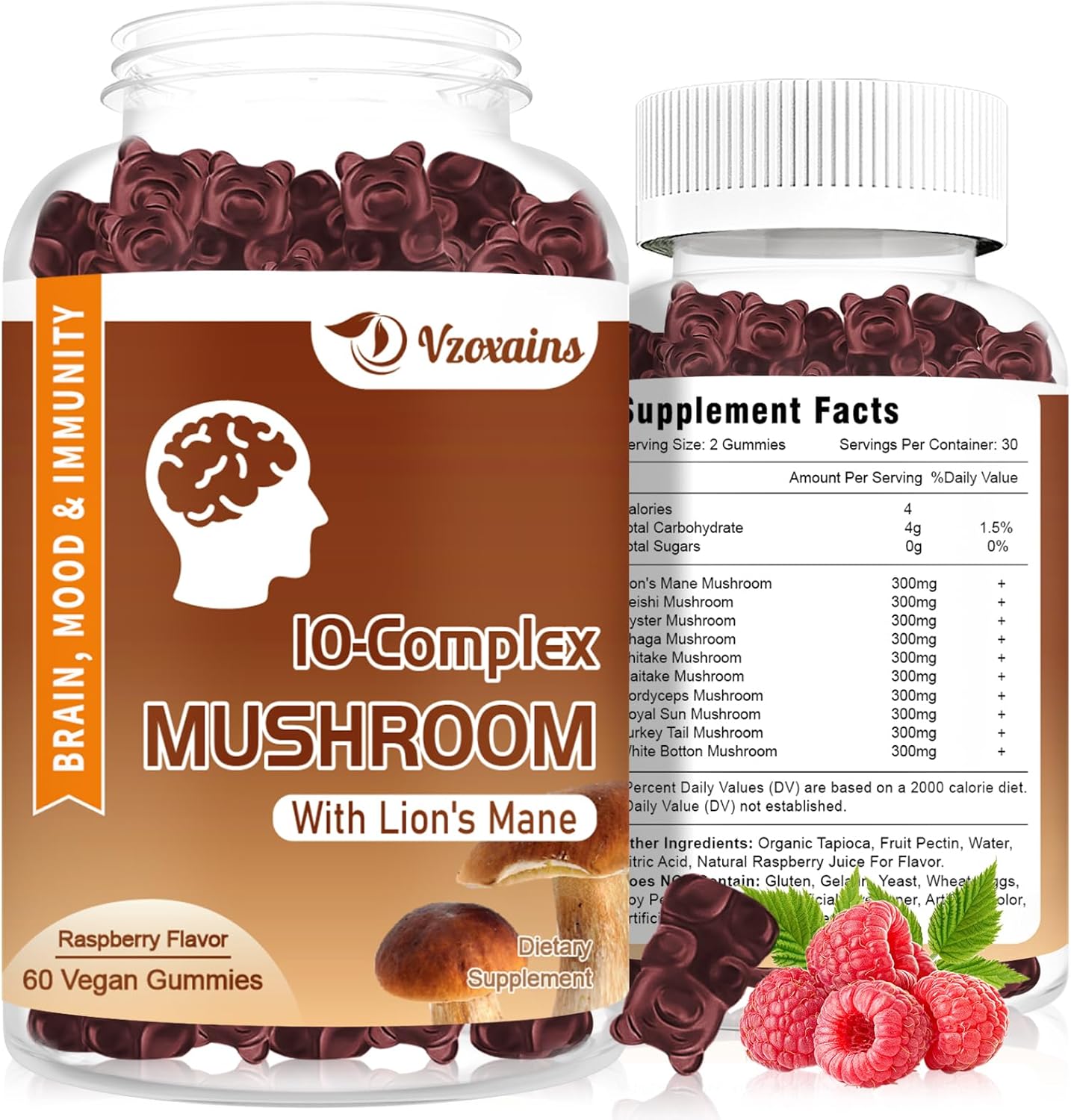 VZOXAINS Paquete de 2 gomitas de hongos, 10 mezclas de complejo de hongos con melena de león, Cordyceps, apoyo inmunológico energético de enfoque de