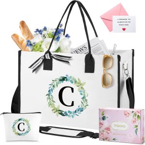 Can-vas – Bolsa de playa con iniciales florales para mujer, bolsa de playa con bolsillo interior, 2 bolsillos laterales, correa de hombro, caja de Can-vas – Bolsa de playa con iniciales florales para mujer, bolsa de playa con bolsillo interior, 2 bolsillos laterales, correa de hombro, caja de