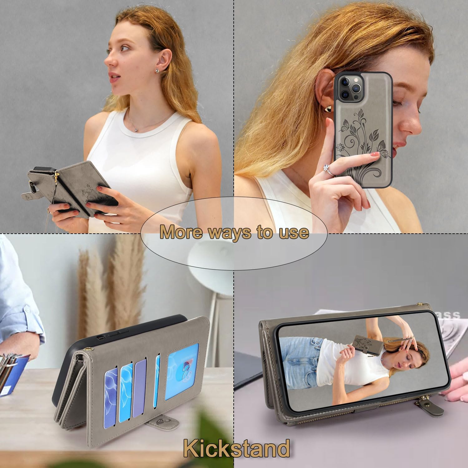 Lacass Funda compatible con iPhone 12 Pro Max 12 ranuras para tarjetas Funda para tarjetas de identificación y crédito, bolsillo con cremallera,