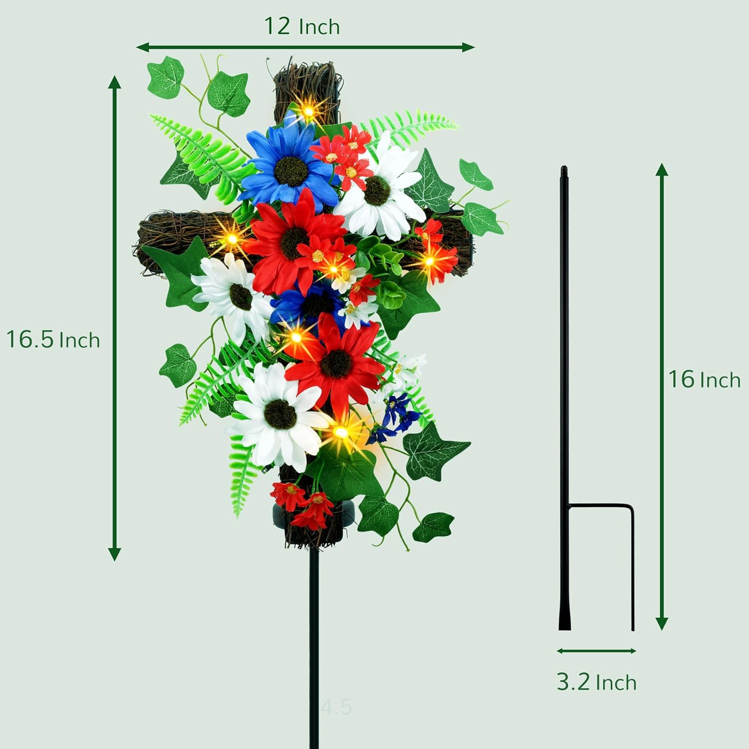 YULETIME Estaca de cruz de jardín roja, blanca y azul, funciona con energía solar con luces de hadas, cruz de metal, ratán natural, margaritas rojas
