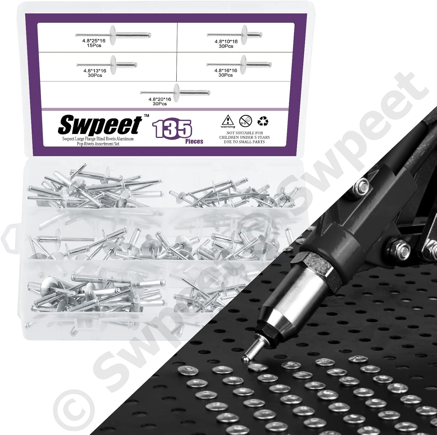 Swpeet Kit de remaches ciegos de aluminio de brida grande de 316 x 38 pulgadas  12 pulgadas  58 pulgadas  34 pulgadas  1 pulgada, remaches pop