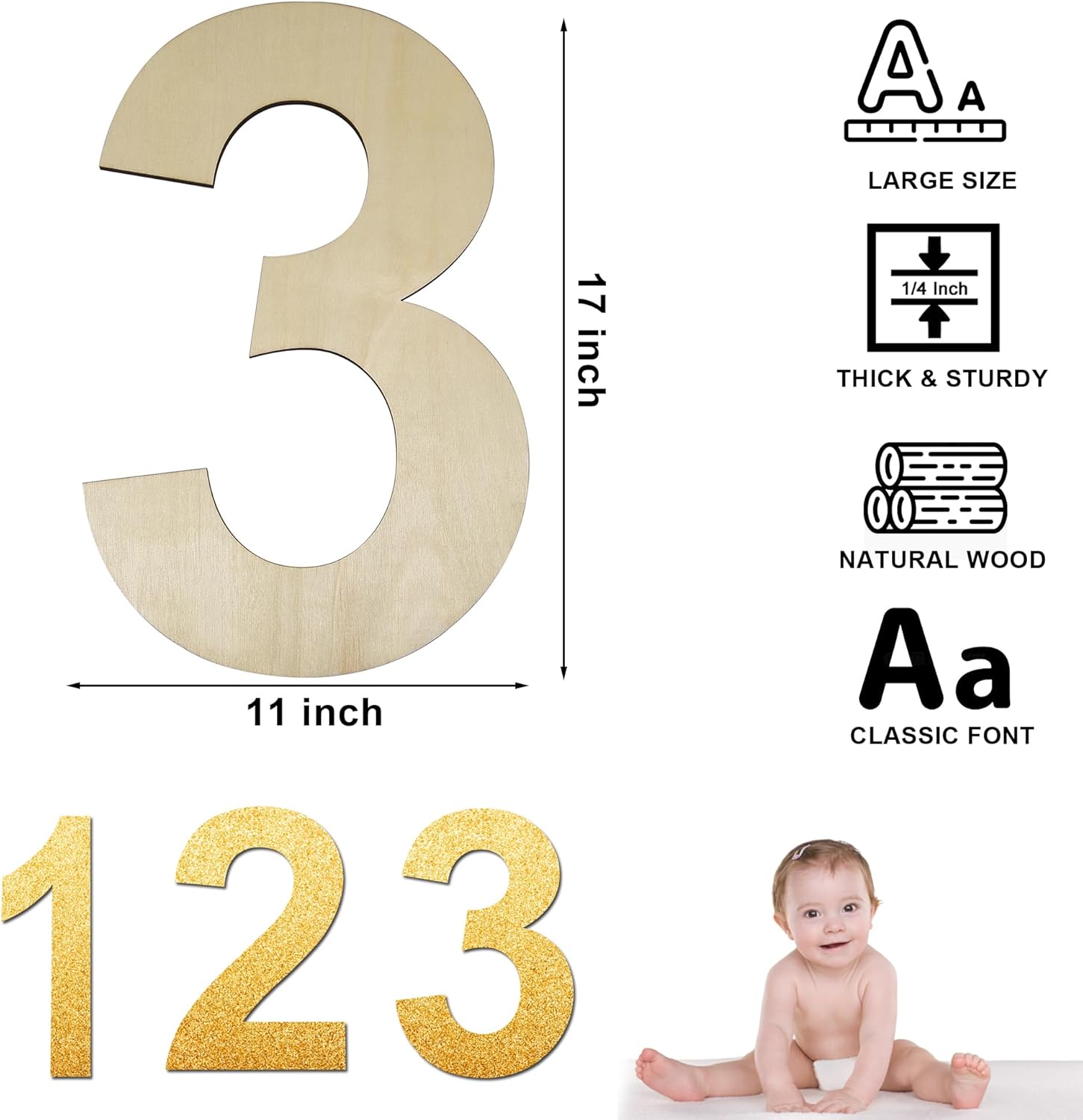 Tablero grande de madera de 17 pulgadas con número 3, 14 de pulgada de grosor, sin terminar, de madera en blanco, para decoración de pared,