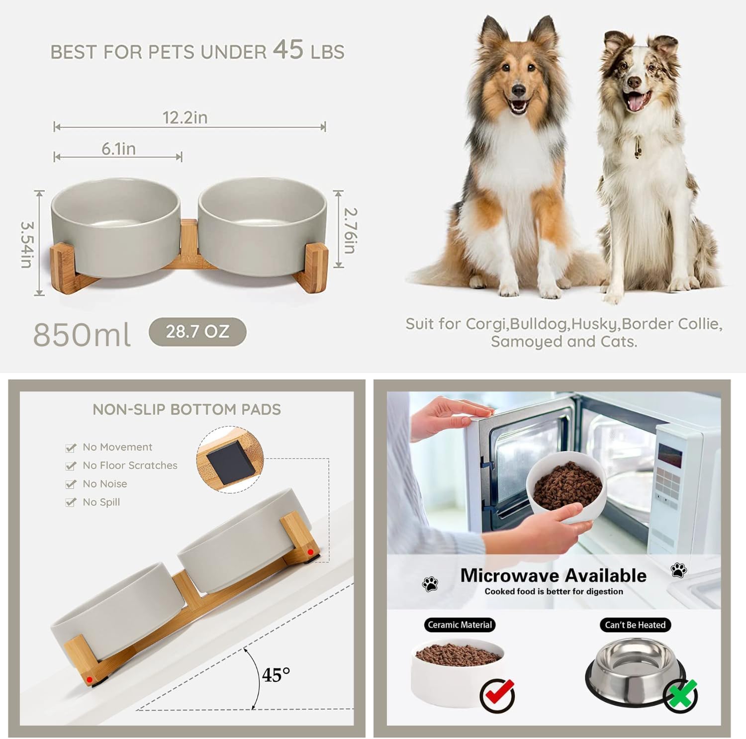 Cuencos de cerámica para alimentos para mascotas con base de madera antideslizante