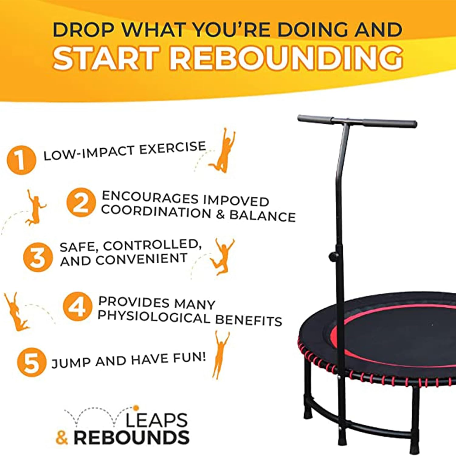 LEAPS & REBOUNDS Barra de estabilidad ajustable de 40 pulgadas con mini trampolín de fitness de 40 pulgadas y rebote de gimnasio en casa para