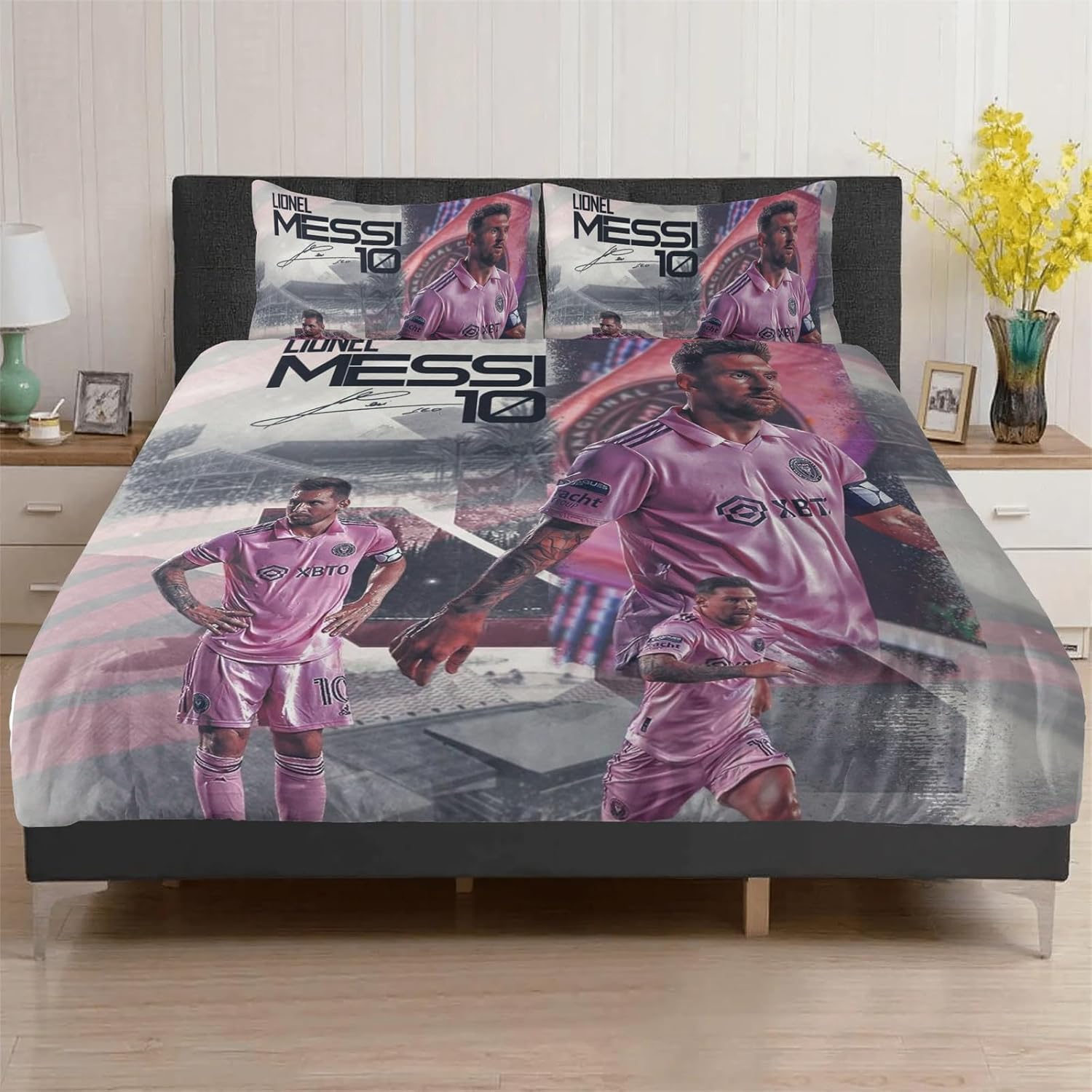 Juego de funda de edredón de fútbol Miami para niños, tamaño matrimonialqueen, 3 piezas, ropa de cama rosa ultra suave, juego de funda de edredón de