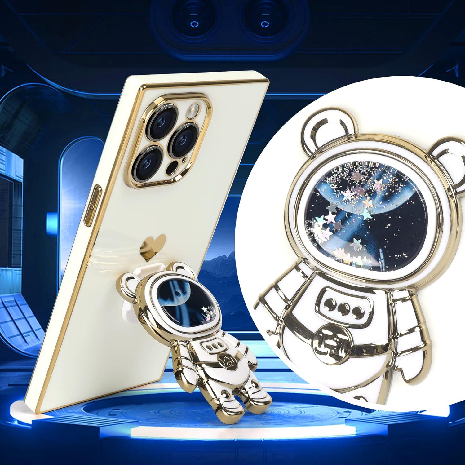 Omio – Funda cuadrada compatible con iPhone 15 Pro Max con soporte oculto de astronauta, funda de lujo chapada en corazón para mujeres y niñas,