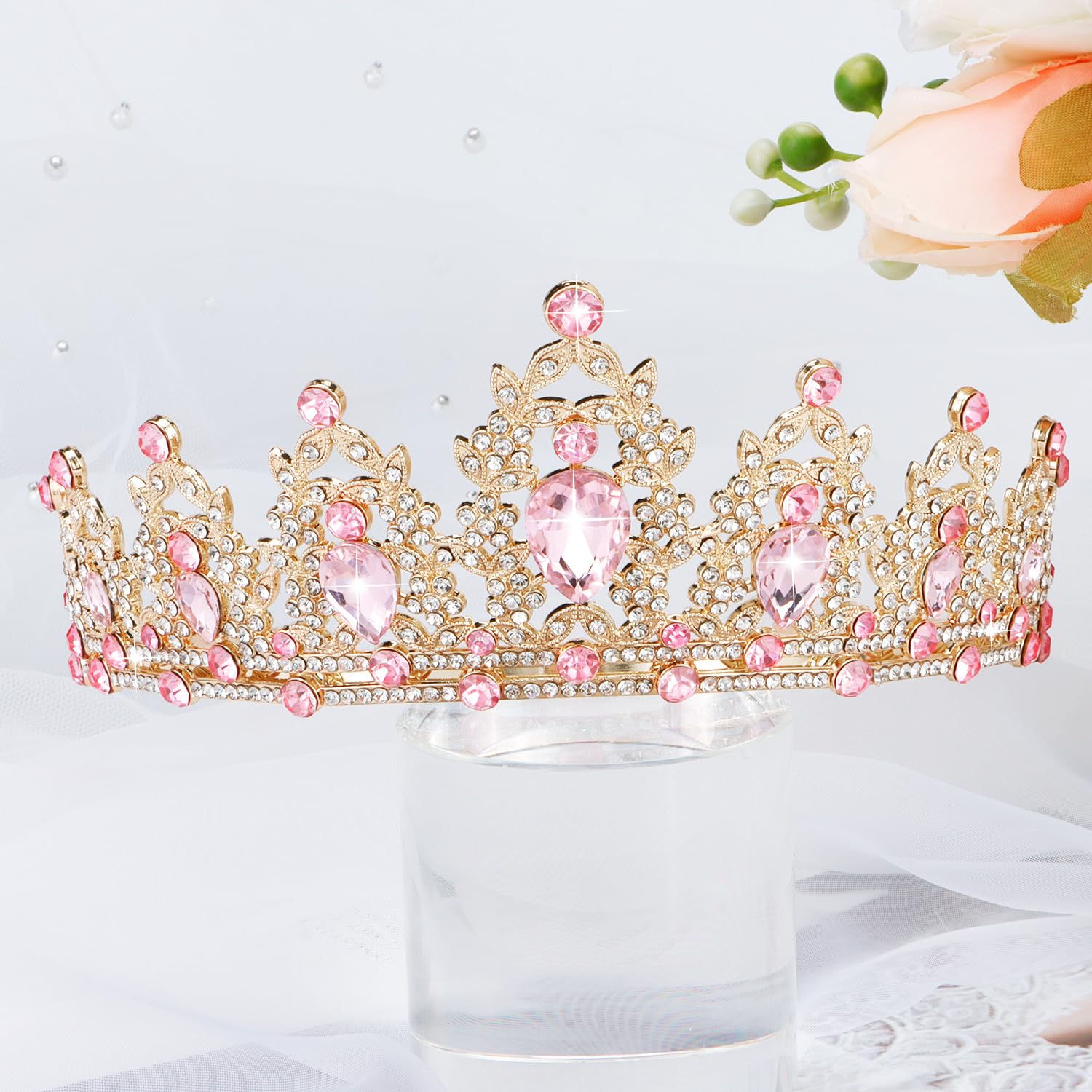SuPoo Kit de banda y corona de cumpleaños rosa, corona de princesa, tiara de cumpleaños dorada para niña con peine banda de cumpleaños para mujeres,