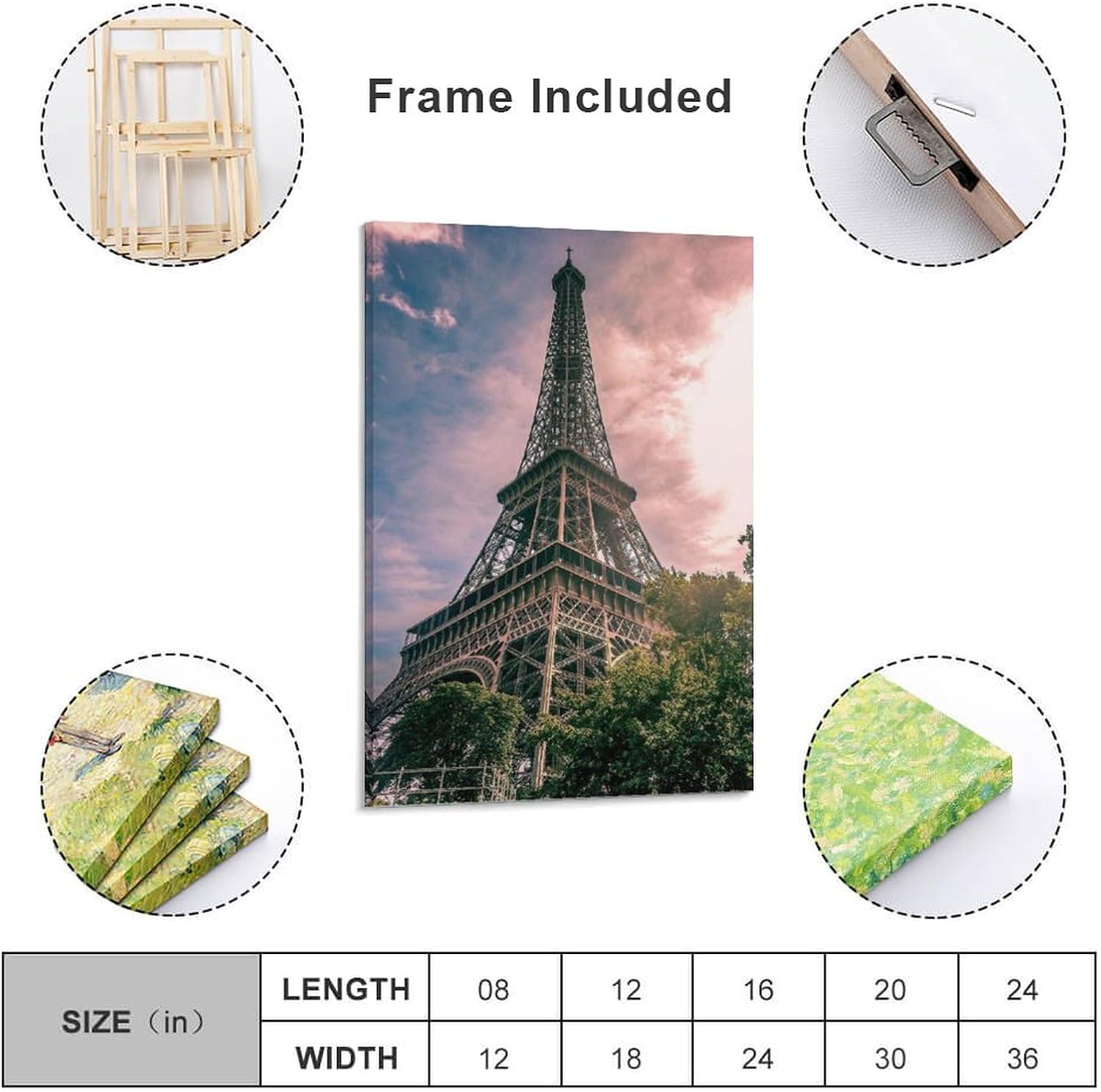 Póster artístico de la Torre Eiffel en París, Francia, arte en lienzo, decoración de sala de estar, marco sin marco, 12 x 18 pulgadas (11.8 x 17.7