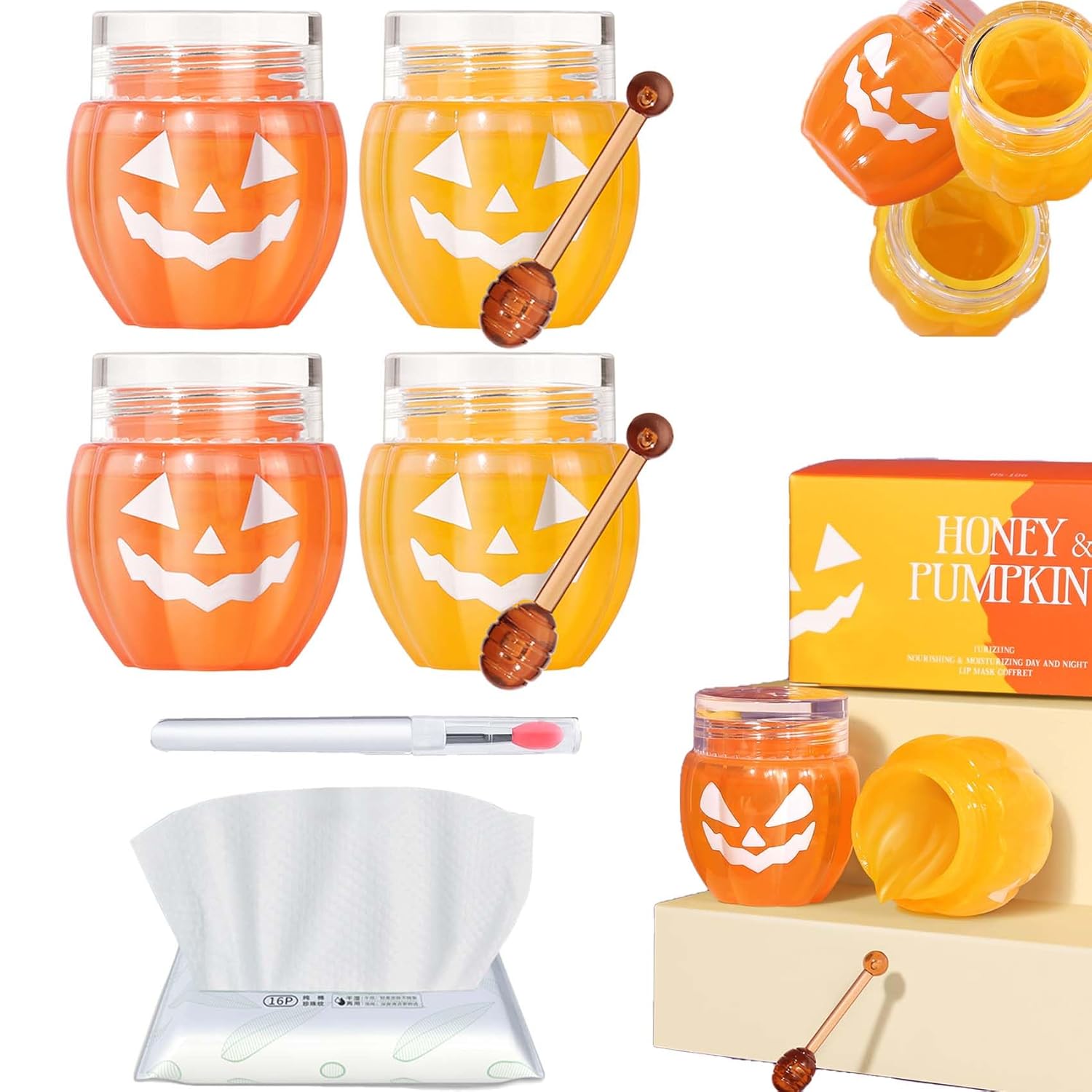 Juego de máscara labial de calabaza y miel de Halloween, mascarilla nutritiva e hidratante para labios de día y noche, bálsamo de abeja, exfoliante