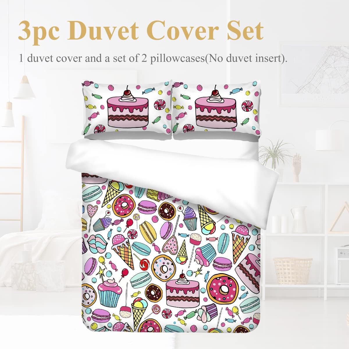 Sweet Treats – Juego de ropa de cama femenina de 3 piezas con diseño de cupcakes, helado, caramelo, juego de funda de edredón de postre arcoíris