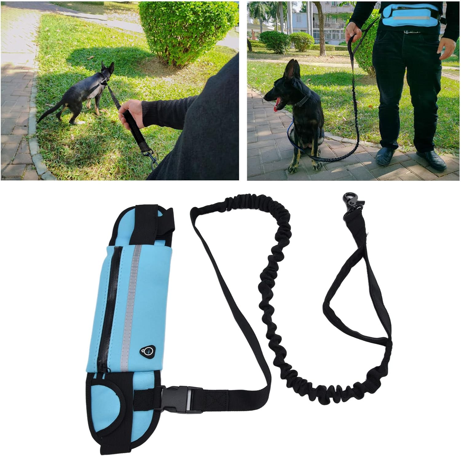 Correa de manos para perro con bolsa de cremallera para cachorro Cinto Correr, elástica duradera con tiras reflectantes, cinturón ajustable para