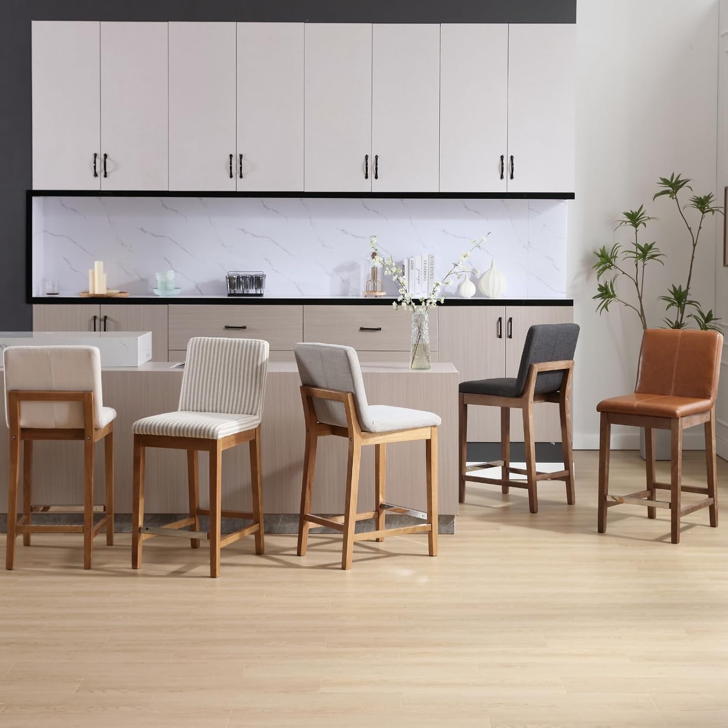 DM Furniture Taburete de mostrador para isla de cocina, juego de 2 taburetes de bar tapizados de tela de lino con respaldo de 26 pulgadas, taburetes