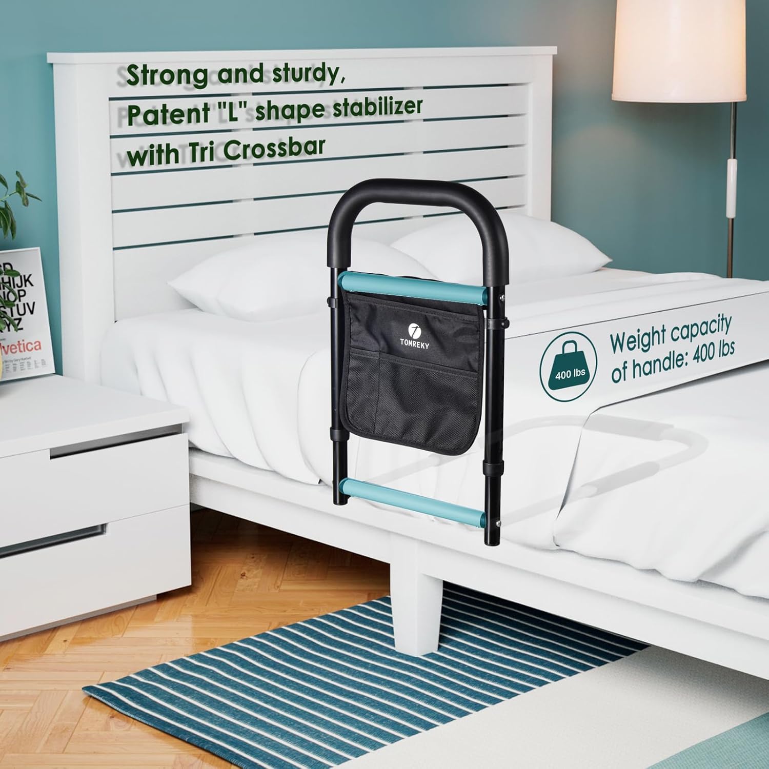 Rieles de cama para adultos mayores ayudan a la seguridad para personas mayores, agarre de barra de mano con bolsillo de almacenamiento,