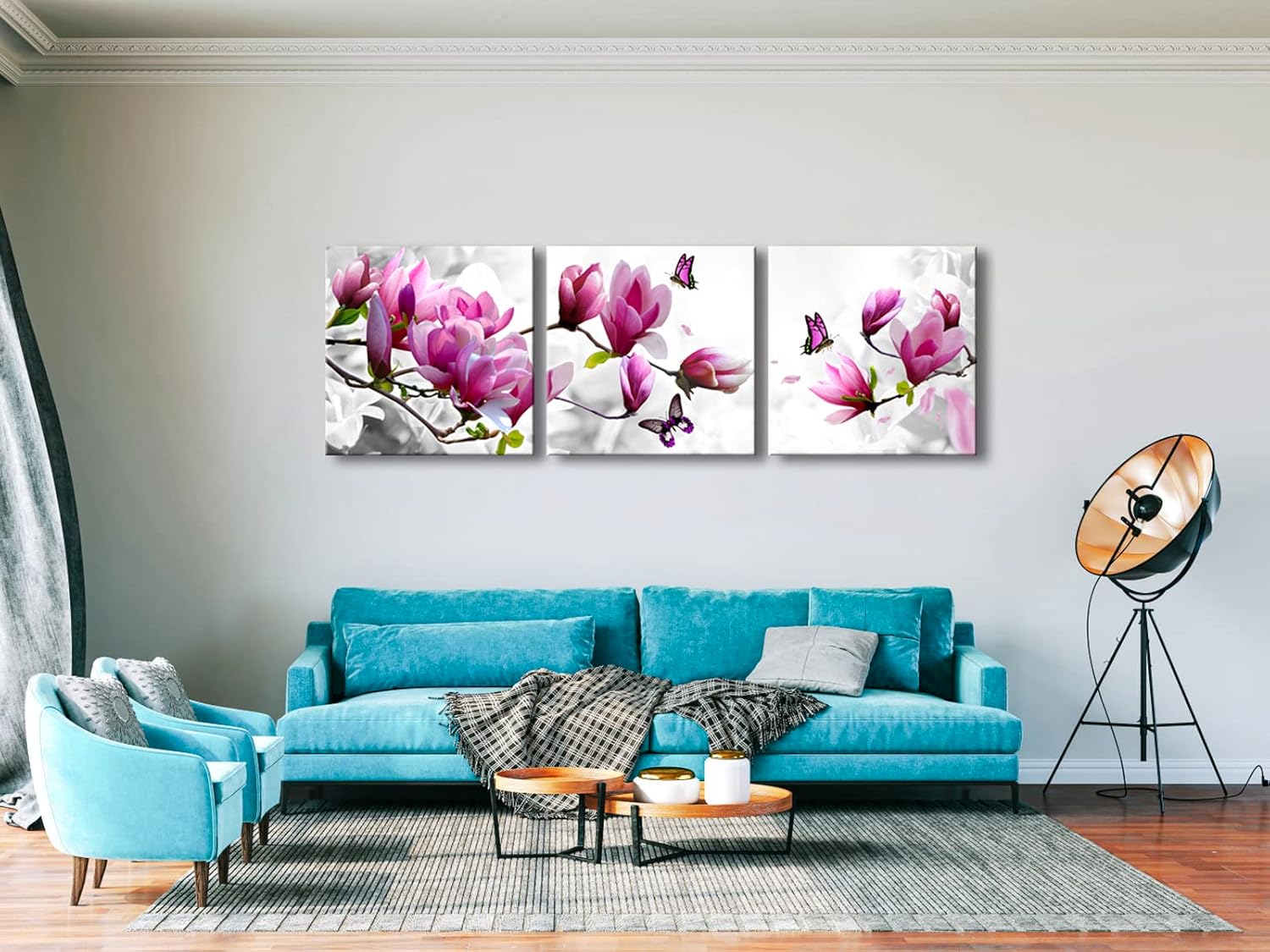 Wieco Art Mariposa en lienzo de magnolia, arte de pared, 3 piezas, flores moradas, pinturas para sala de estar, dormitorio, decoración del hogar,
