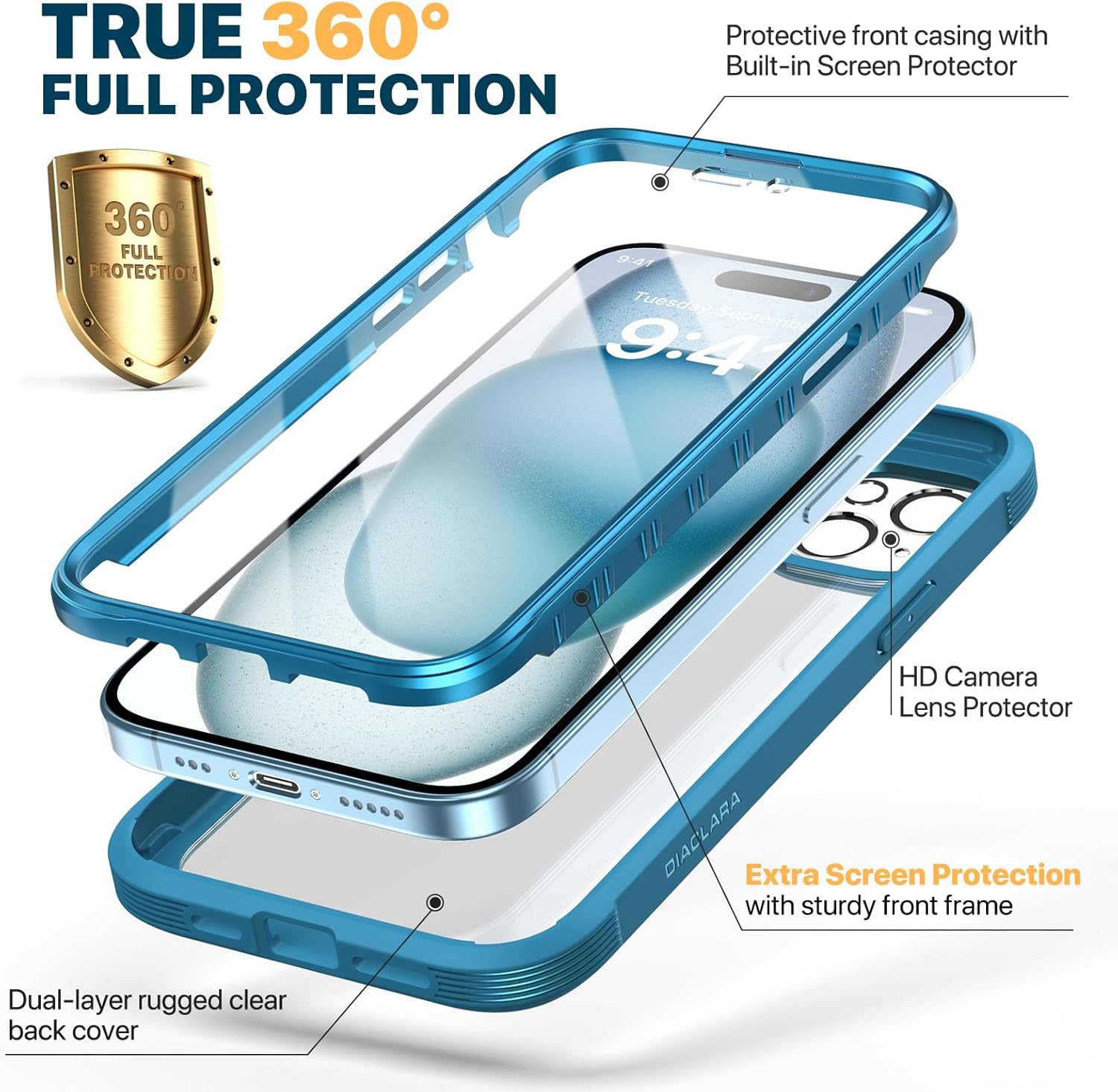 Diaclara Diseñada para iPhone 15 Plus de 6.7 pulgadas, carcasa transparente resistente de cuerpo completo con protector de pantalla integrado