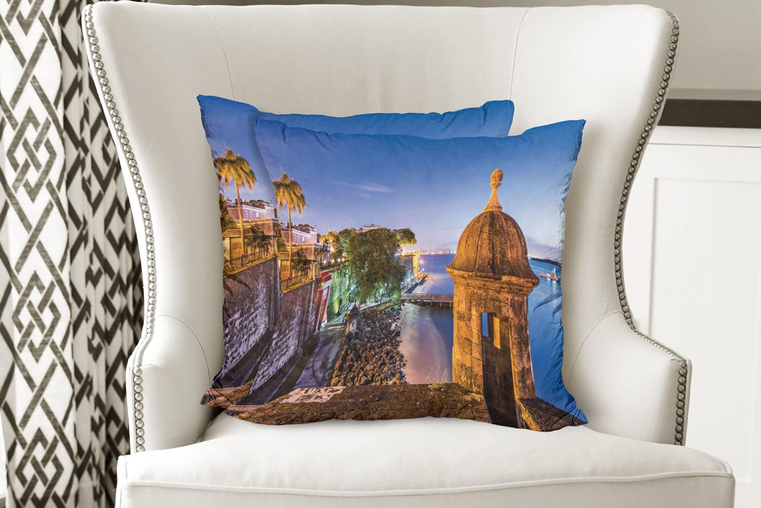 Lunarable Puerto Rico – Juego de 2 fundas de cojín para fotografía, estilo retro con elementos arquitectónicos, decoración de impresión digital de