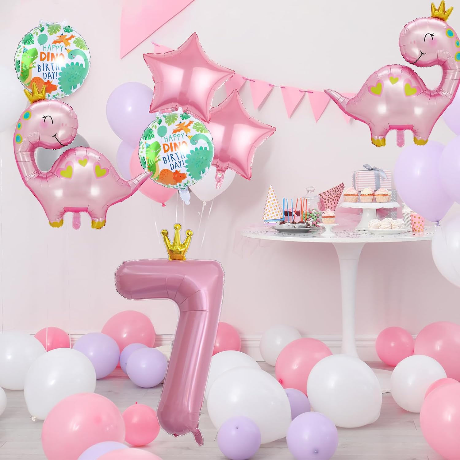 7 globos de dinosaurio con corona rosa, globos de aluminio de Mylar con número de cumpleaños de dinosaurio rosa, suministros de fiesta de 8
