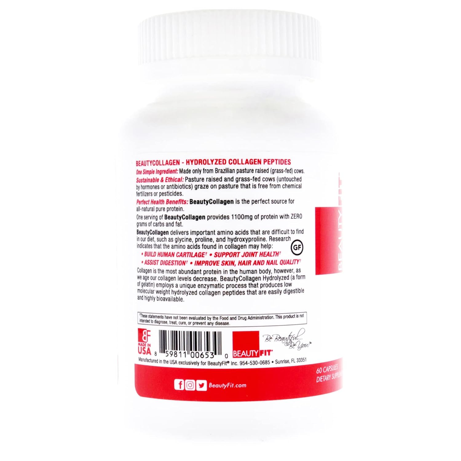 BeautyFit BeautyCollagen – Péptidos de colágeno hidrolizados, fuente natural de colágeno puro, procedente de bovino brasileño criado en pastos,