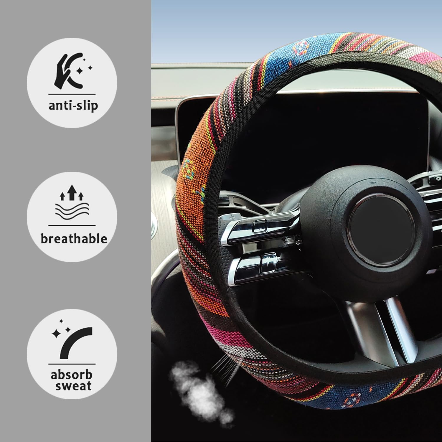 Funda para volante de automóvil de 15 pulgadas, funda elástica bohemia para volante de automóvil para mujeres y hombres, accesorios universales para