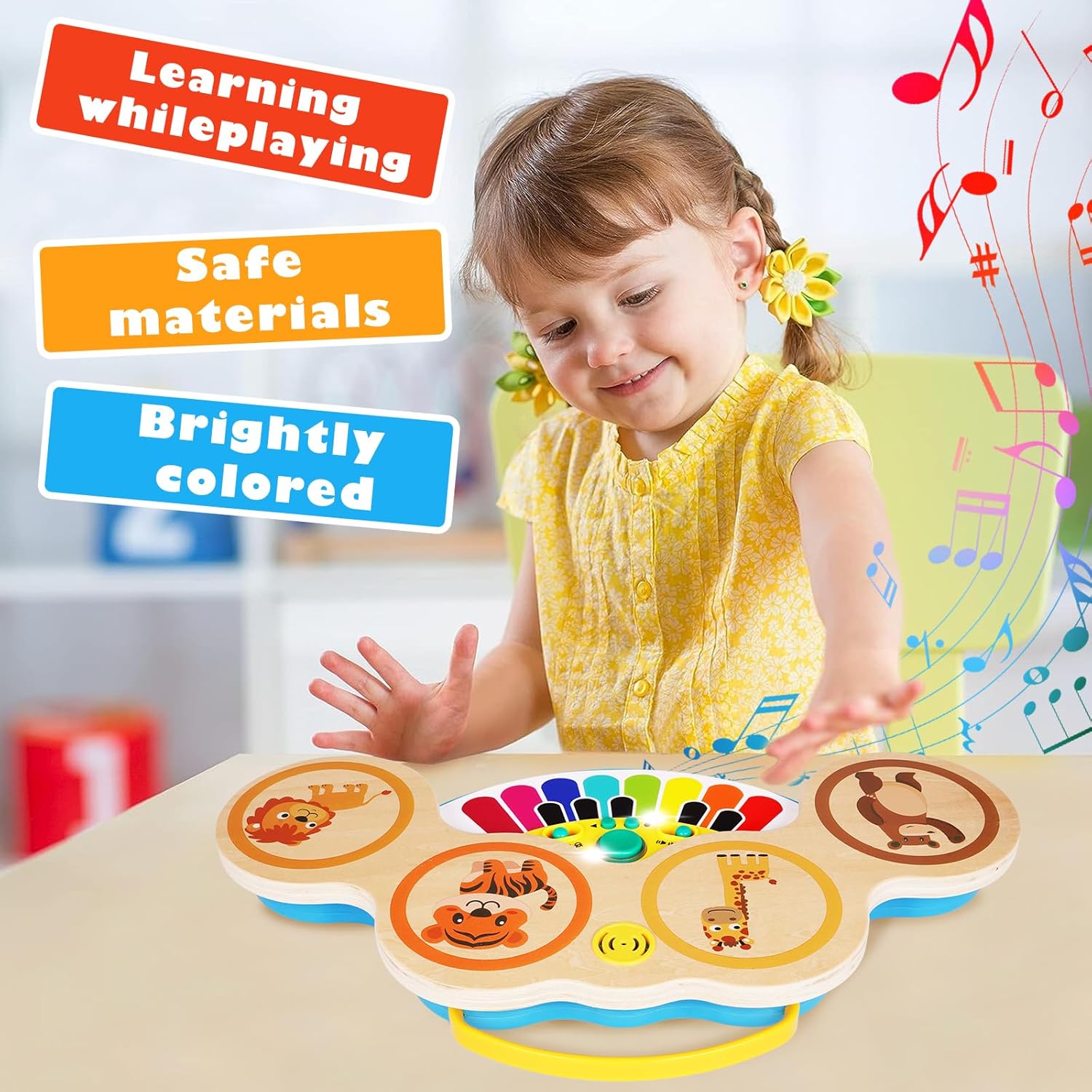 Juego de piano de tambor para bebés y niños, 2 en 1, instrumentos musicales Montessori, juguetes para niños pequeños con canciones y luces,