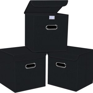 Organizadores de armario de tela con tapas, canastas plegables con asas, cajas de almacenamiento para organizar, paquete de 3 unidades (negro) Organizadores de armario de tela con tapas, canastas plegables con asas, cajas de almacenamiento para organizar, paquete de 3 unidades (negro)