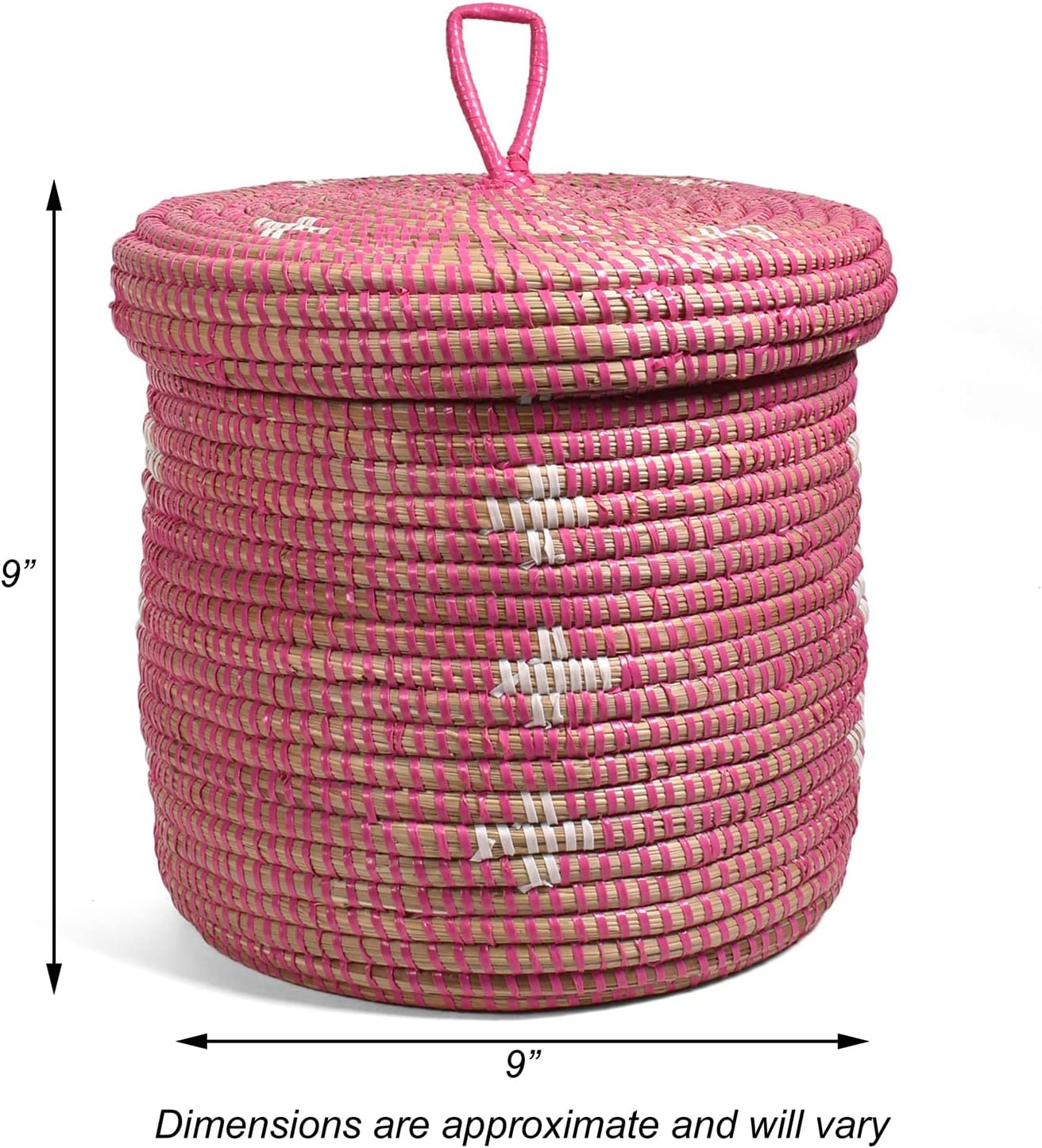 Cesta africana tejida a mano con tapa de 9 pulgadas, rosa con flores blancas