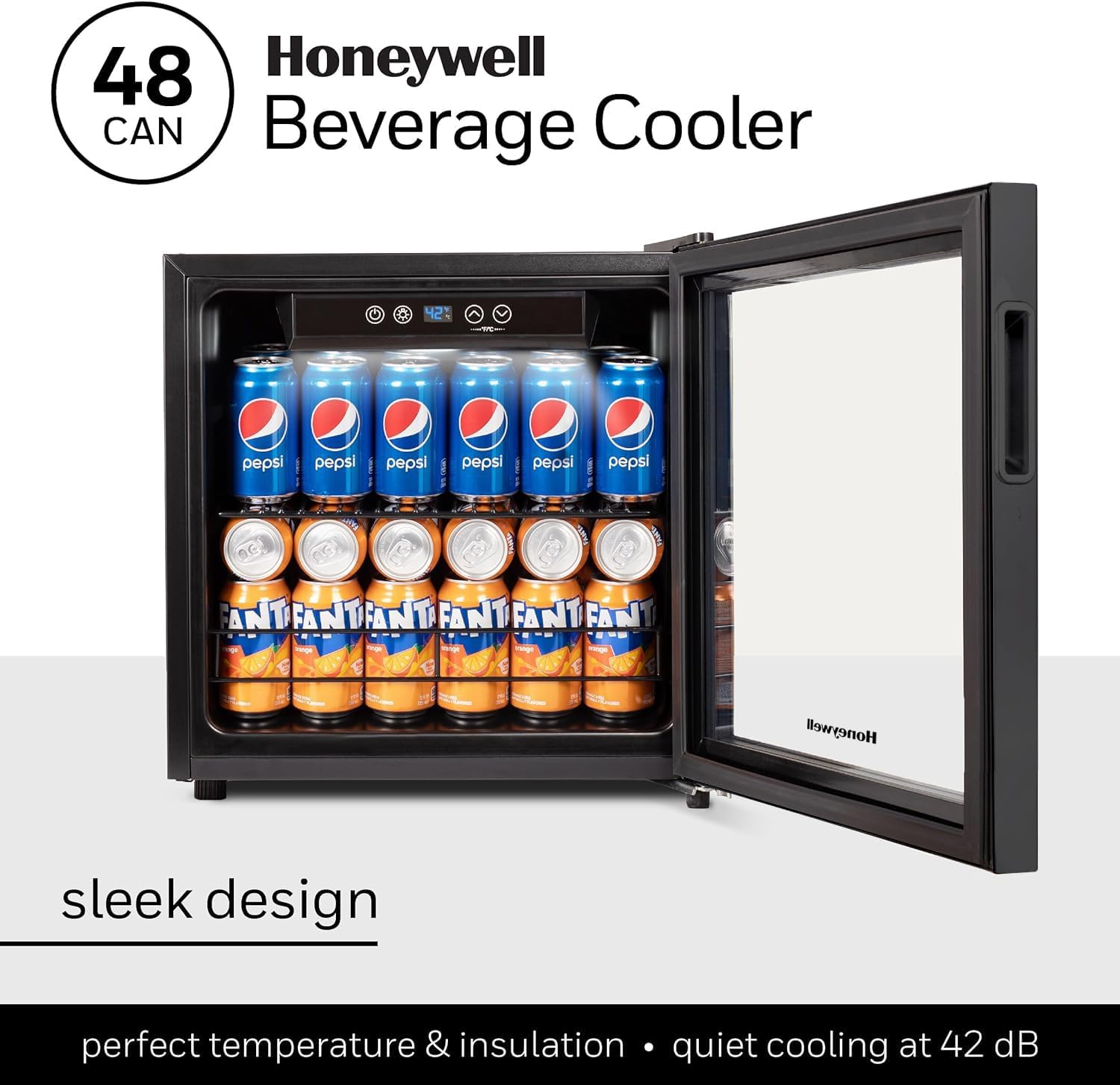 Honeywell Refrigerador y enfriador de bebidas, mini refrigerador de 48 latas con puerta de vidrio para cerveza de soda o vino para oficina o bar con