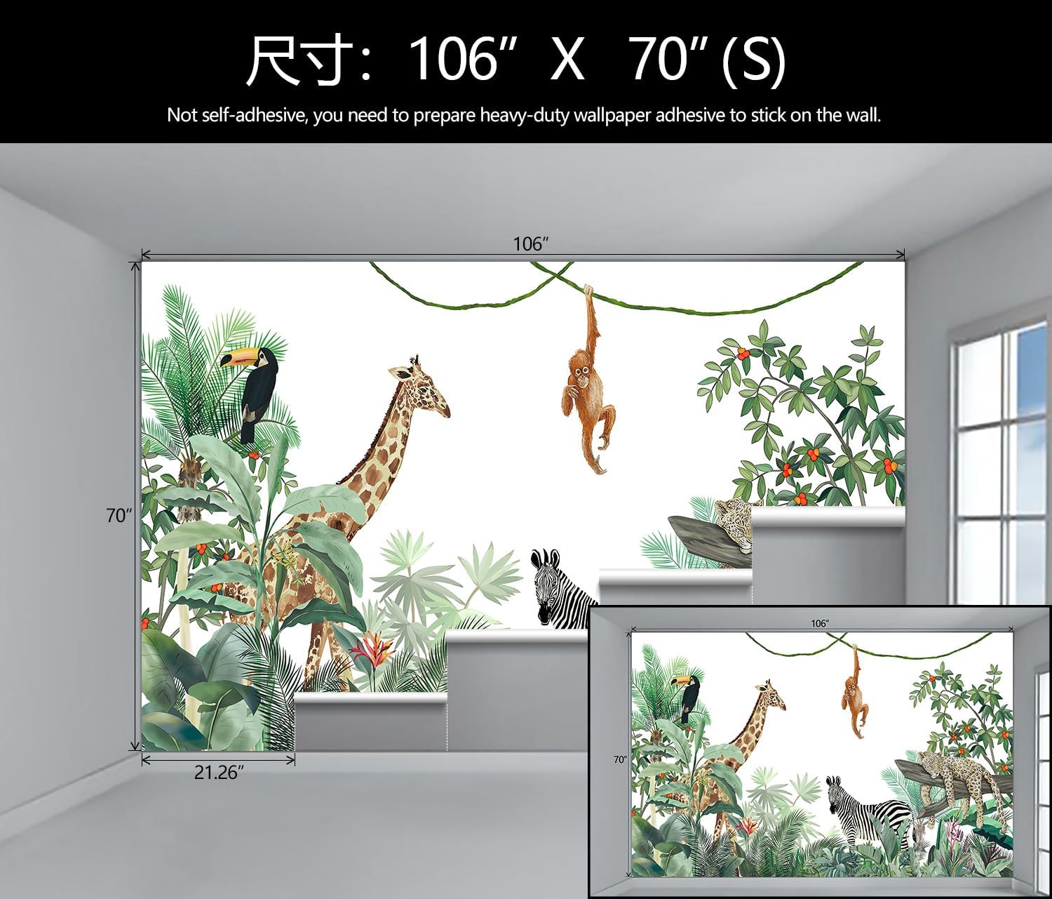 WFBHUA – Papel tapiz de safari para niños, diseño de hojas botánicas de selva tropical, mural de pared para guardería, dormitorio de niños,